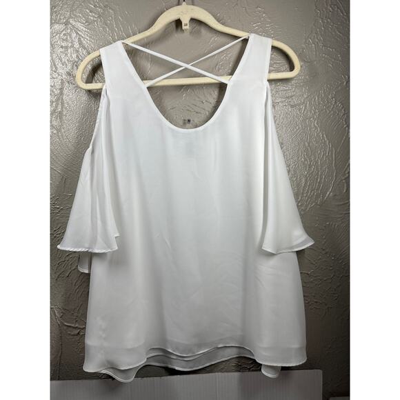 Chelsea 28 Top Women's White Cold Shoulder Blouse‎ Scoop Neck Sheer Size Small - Picture 3 of 3